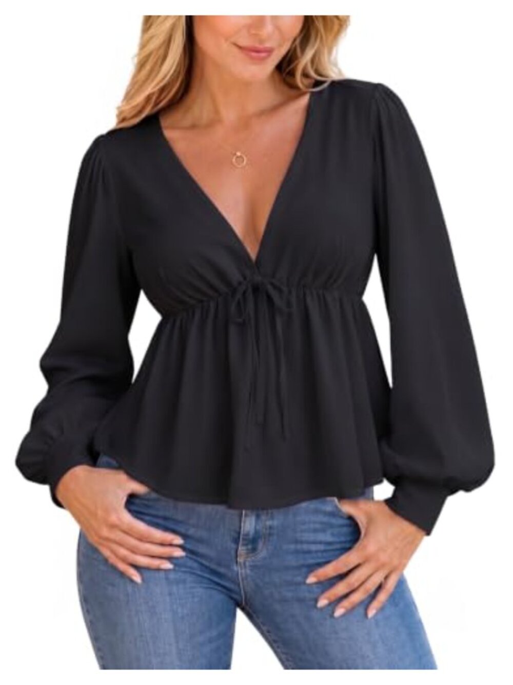 Womens Babydoll Peplum Top Long Sleeve Deep V Neck Blouse Going Out